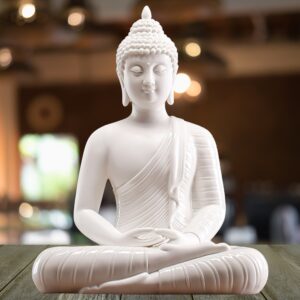 White Ceramic  Buddha 8 Inch  Statue for  Home Decor, Small Meditating Buddha Statue for Indoor and outdoor